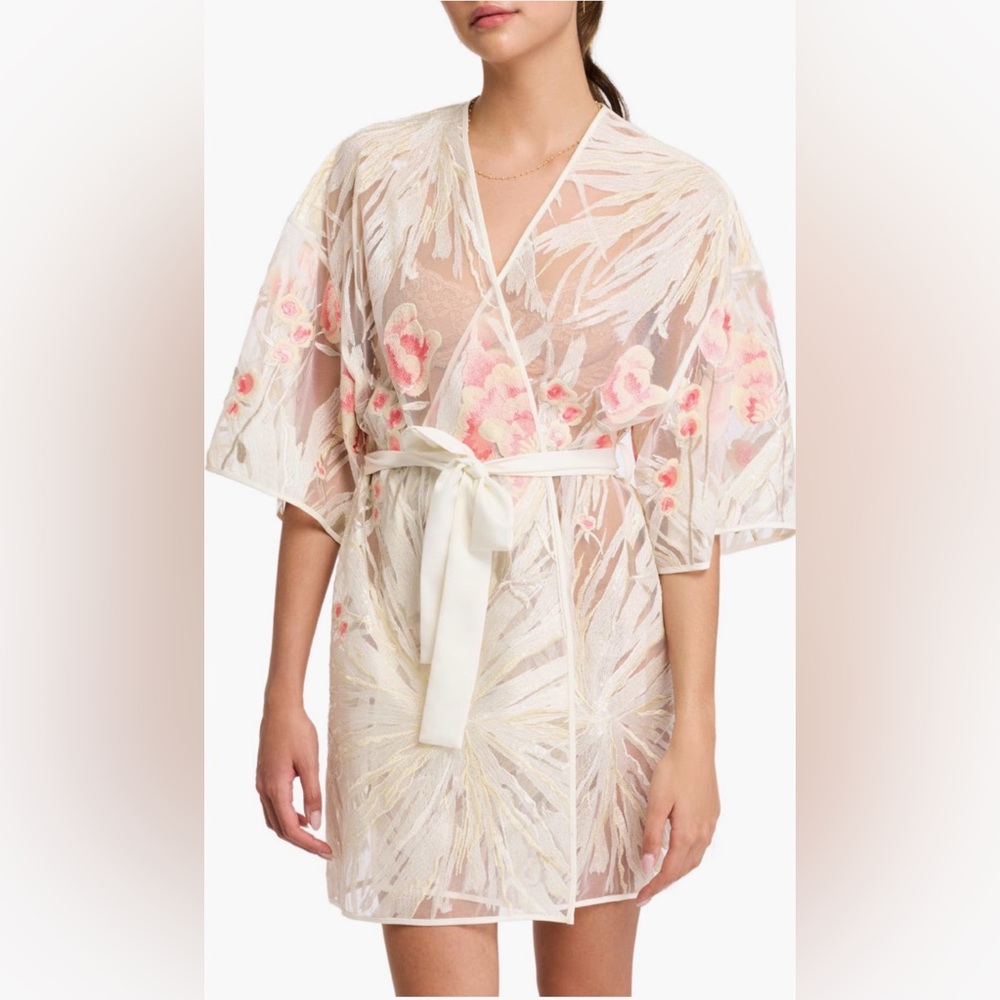 Rya Collection Tamara Embroidered Tie Waist Cover-Up Robe M/L